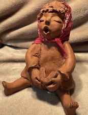 Vintage Handmade Clay Little Girl Bandana Scarf Singing Caroling Folk Art Decor picture