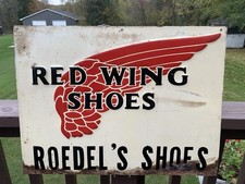 Original Red Wing Shoes Advertising Sign Embossed Metal Green Back 1960’s 24x18” picture