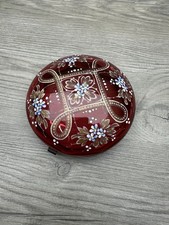 Antique Bohemian Cranberry Glass Trinket Box Lid Hand Painted Enamel Floral picture