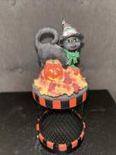 VINTAGE SEE'S CANDIES HALLOWEEN Canister With Cat Lid  7.5” Tall picture