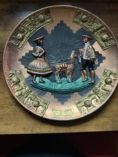 Vintage Incan Style Peru Wall Plate 9” Round 3D Folk Art Couple & Llama picture