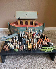 Hand-Painted Wooden Noah’s Ark Storage Boat Set w/ Animal Figurines, Kids picture