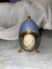 Vintage Carved Camero Faberge Real  Egg Trinket Musical Box Blue Gold Tone picture