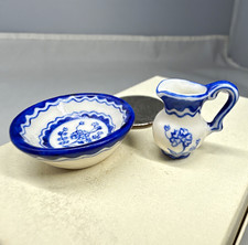 Vintage Miniature Blue White Pitcher Wash Basin Set Dollhouse 1:12 Porcelain picture