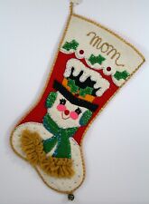 Vintage 70s Handmade Red Felt Snowman Christmas Stocking Sequins Beads Bell MOM picture