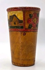 Antique Hand Carved & Painted Folk Art Wooden Cup, Floral House Design picture