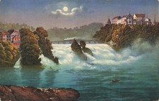 Vintage 1900-1919 Lithograph Postcard of Rhine Falls Switzerland Moonlit View picture