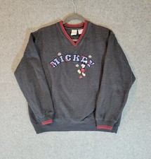 VTG 90s Mickey Mouse Sweater Women Medium Gray V-Neck Embroidery Spell Out Sport picture