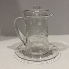Vintage Clear Etched Glass Syrup/Creamer Pitcher With Lid & Matching Underplate picture