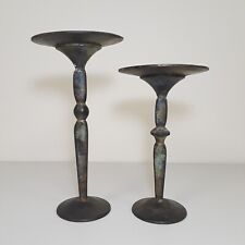 Antique Candle Holders Primitive Rustic Metal Pillar w Green Patina Set of 2 picture
