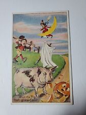 1909 Halloween Postcard Pig Eating Ghost Scarecrow Red Witch  Moon Embossed picture