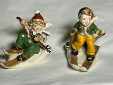 Vintage 1950s 2-Lot Figurine Skiing Children On Skis Made Occupied Japan picture