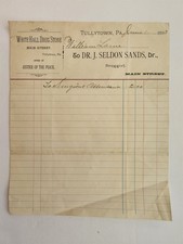 1893 antique WHITE HALL DRUG STORE tullytown pa DR J SELDON SANDS jop office picture