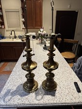Pair Vintage Two Bulb Brass Column Table Lamps Hollywood Regency Set Of 2 picture