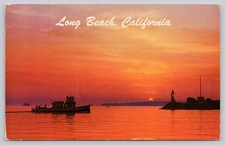 Long Beach California Sunset Harbor Lighthouse Boat Vintage Postcard 1950s picture