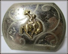 Beautiful Vintage RICARDO Small Cowboy Hat in Air Riding Wild Horse Belt Buckle picture