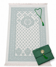 AzeemQuest Muslim Prayer Rug Janamaz Gift Set with Prayer Beads - Cream & Green picture