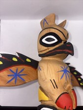 Vtg Pacific Northwest Coast Carved Wood Totem Pole Owl Thunderbird Signed HC 7x8 picture