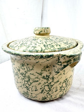 RRP Green Spongeware Bean Pot Robinson Ransbottom Lid  1.5 Qt Roseville OH FrShp picture