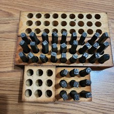 Vintage 37 Pc Letter Stamp Punch Set A-Z #0-9 Symbols Steel w/ 2 Wood Boxes USA picture
