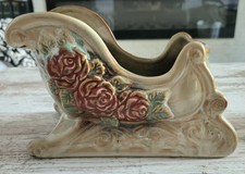 Ceramic Sleigh Planter Vase Raised Roses Floral Scrollwork Glazed 8