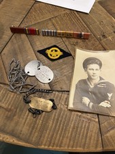 WWII US Navy Named Lot Gold Plated + Sterling ID Bracelet Dog Tags Photo Ribbons picture