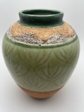 Pottery Vase Handmade Ceramic Made in Vietnam Earth Colors Green Tan Crazing picture
