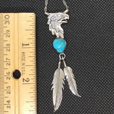 Sterling Silver Turquoise Eagle Head Necklace Running Bear 18” Silver Chain picture