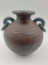 Vtg Dark Brown Double Handles With Rings And 3D Design Floral Pottery Vase  picture