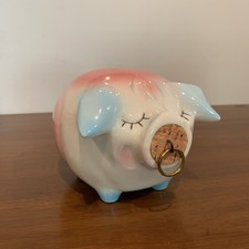 HULL POTTERY 1957 CORKY PIG BANK W/ORIGINAL CORK BLUE AND PINK EXCELLENT COND picture