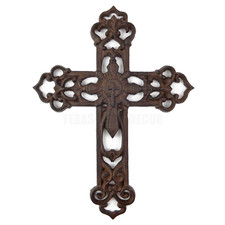 Fleur De Lis Decorative Wall Cross Layered Style Scrolls Rustic Cast Iron 11x8