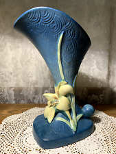 VINTAGE ROSEVILLE BERMUDA BLUE ZEPHYR LILY CORNUCOPIA ART POTTERY VASE #204-8 picture