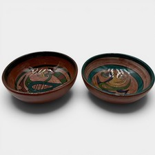 Vintage La Arena Panama Folk Art Pottery Bowls Pair Hand Painted Bird Motif picture