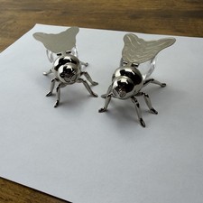 Godinger Silverplate Glass Fly Bee Salt Cellar Pair Insect Dish Set picture