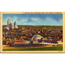 Bird's Eye View of Cincinnati OH Union Terminal Foreground Vintage Postcard SPZ1 picture