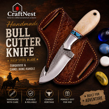 Handmade Rasp Steel Bull Cutter Knife | Turquoise & Camel Bone Handle, Leather S picture