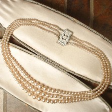 18K White Gold Over 1940s Vintage Art Deco Champagne Ivory Pearl Necklace picture