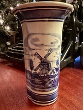 6 inch DELFT Blue Handpainted Trumpet Vase Windmill Floral-Made in Holland picture