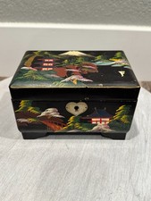 Vtg 1950s Japanese Black Lacquer Musical Jewelry Box – Painted Mirror, Working picture