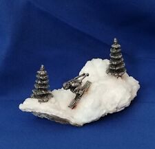 Miniature  Vintage  Snow Scene Pewter Skier And Trees On White Quartz Stone picture