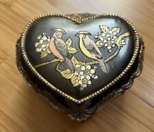 Vintage Heart Shaped Damascene Black And Gold Musical Box w Birds picture