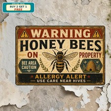 Warning Honey Bees Property Metal Sign Beekeeper Farm Safety Gate Wall Plaque picture
