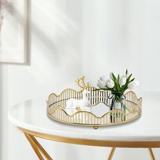 Gold Round Mirrored Tray Decorative Vanity Perfume Display Organizer picture