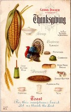 1912 Thanksgiving Grand Dinner Menu Postcard - Turkey, Pumpkin Pie, Corn picture