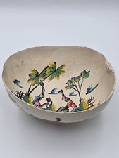 Antique 1930's Haitian Folk Art Coconut Shell Calabash Hand Painted Bowl Signed picture