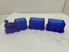 Vint. Cobalt Blue Glass Train 3 pcs Toothpick Sugar Pack Succulents Planter 10