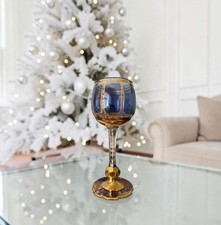 Antique Moser Cobalt Blue Cabochon Wine Glass Goblet Bohemian Gold Gilt Panel 8