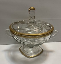 Vintage Indiana Glass Footed Compote Bowl Covered Dish Gold Trim Rare HTF Item picture
