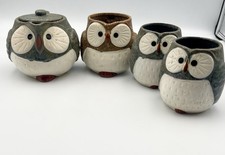 Japanese Mino Ware Owl Teapot & 3 Cups Ceramic Tea Set Stoneware picture