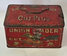 Old Union Leader Cut Plug Empty Red Tin Tobacco Can Hinged Lunch Pail Eagle picture